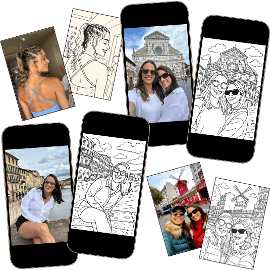 Colagem de celulares mostrando fotos originais e suas versões transformadas em desenhos para colorir