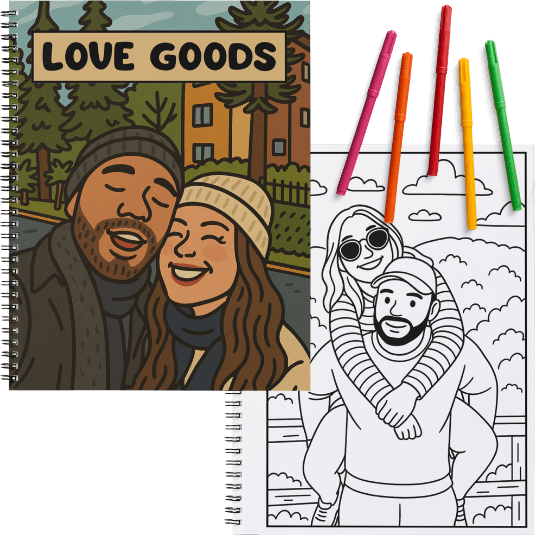 Caderno Love Goods com desenho de casal e materiais para colorir