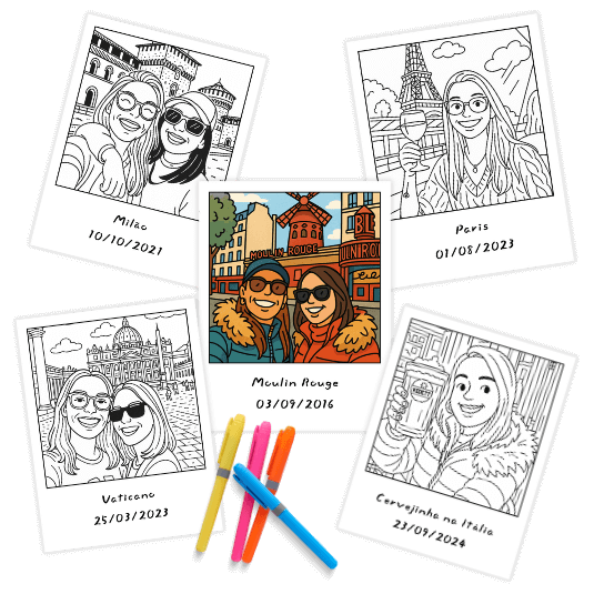Colagem de fotos estilo polaroid com desenhos para colorir e coloridos