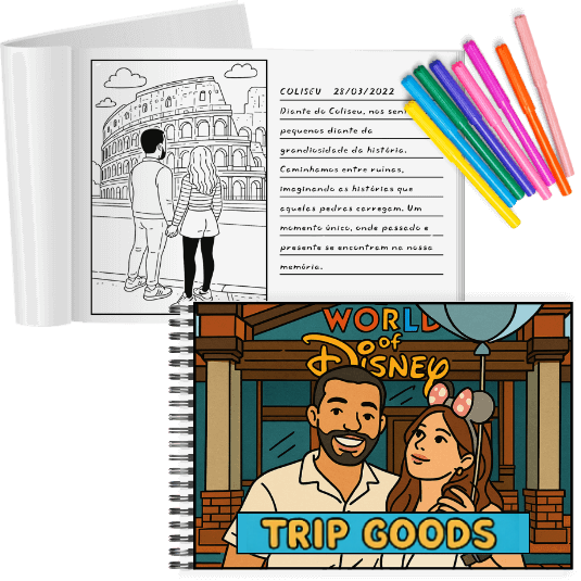 Caderno de viagem Trip Goods com desenho de casal e espaço para anotações