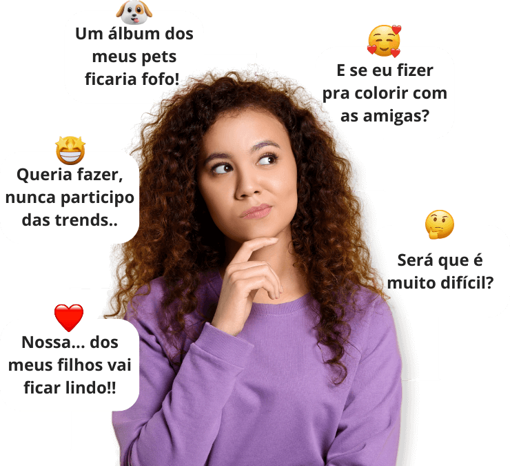 Mulher jovem pensativa com balões de pensamento ao redor